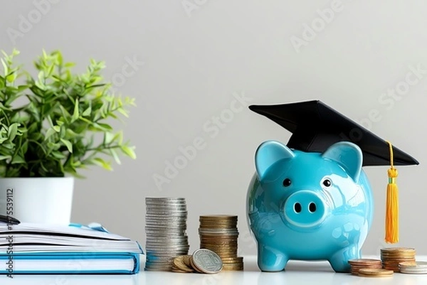 Obraz A vibrant blue piggy bank wearing a graduation cap, surrounded by coins and a small plant. Symbolizes saving for education and financial planning for future growth.