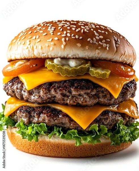 Obraz A delicious double cheeseburger featuring two juicy beef patties, melted cheddar cheese, fresh lettuce, tomatoes, pickles, and creamy sauce, all nestled in a sesame seed bun.