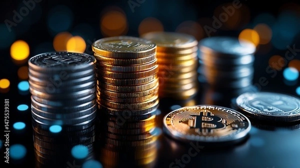Obraz A close-up view of various coins, including cryptocurrency, against a blurred background of vibrant lights, symbolizing modern finance and investment opportunities.
