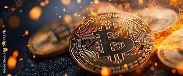 Obraz Close-up of shiny Bitcoin coins reflecting light, symbolizing digital currency's rise and impact on finance. Ideal for articles on cryptocurrency and investment trends.