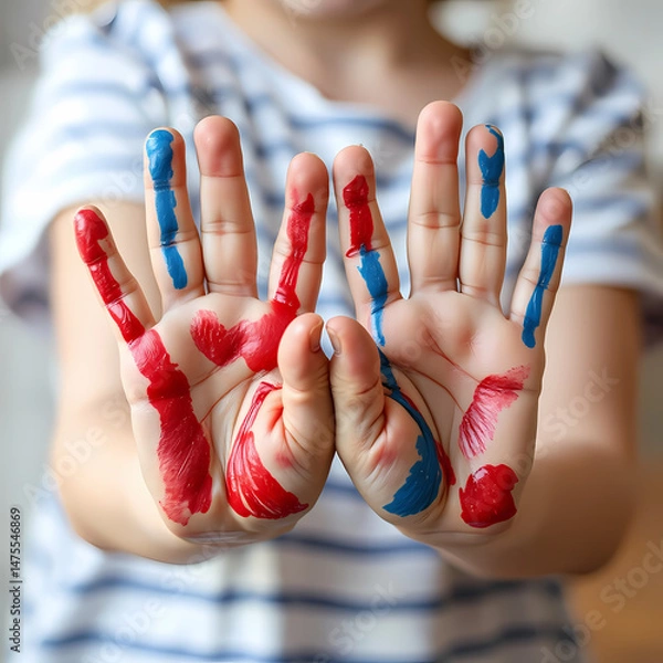 Fototapeta Child with painted hands displaying creativity against a blurred background  