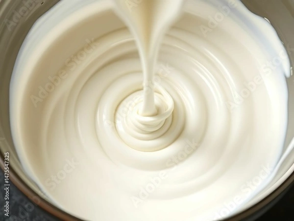 Fototapeta Creamy Culinary Creation: A cascade of rich, velvety cream elegantly swirls into a glass bowl, presenting a symphony of textures and flavors, ready to be savored.