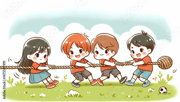 Fototapeta Children Playing Tug of War in a Fun Outdoor Setting  