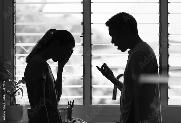 Fototapeta unhappy crying frightened woman, aggressive man quarreling at home. Angry husband emotionally arguing screaming shouting to scared wife psychological emotional abuse, domestic violence relationship	