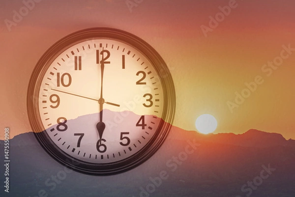 Obraz clock on the wall 6 AM morning sunrise wakeup, time management concept 