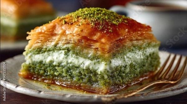 Obraz Elegant Pistachio Baklava Served on Fine Plate