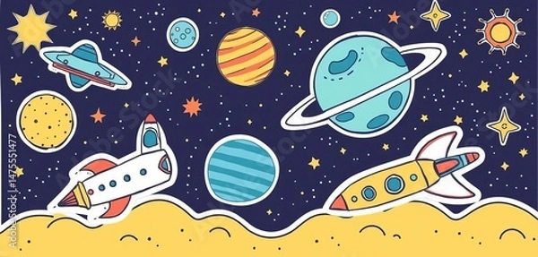 Fototapeta Whimsical doodle spaceships, planets & stars; naive style cosmic stickers, art, illustration
