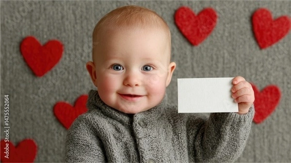 Obraz Happy Baby with Blank Card and Love Hearts on Soft Light