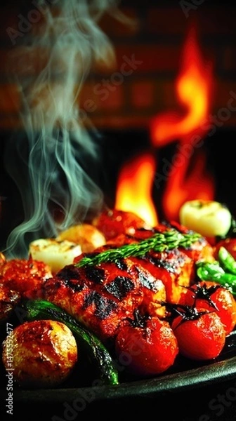 Obraz Flaming BBQ Grill with Juicy Fish Fillets and Veggies