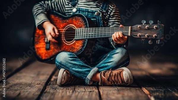 Obraz Child practicing guitar with plectrum