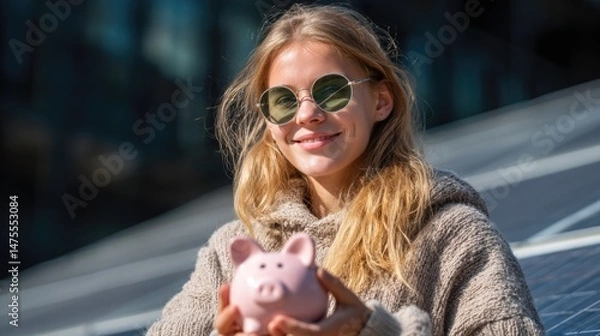 Obraz Woman Smiling While Holding Piggy Bank and Solar Panel