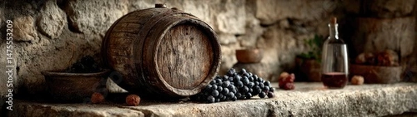 Obraz Rustic Wine Barrel Surrounded by Fresh Grapes