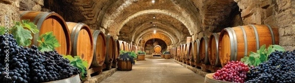 Obraz Wine Cellar Interior with Barrel and Grapes