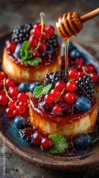 Obraz Delicious Cupcakes with Honey and Fresh Berries on Rustic Plate