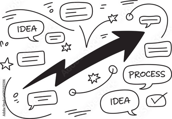 Obraz Hand-drawn doodle speech bubbles set with sketches, arrows, and symbols for comics, cartoons, and business illustrations