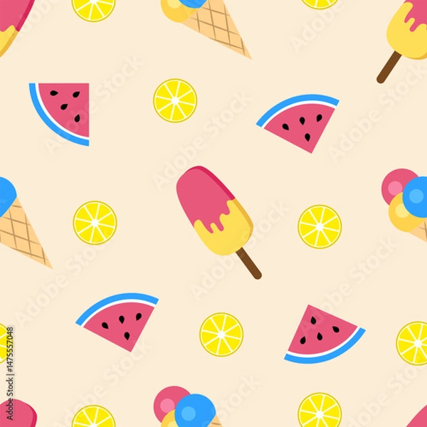 Fototapeta Seamless summer pattern with ice cream and fruit on a yellow background