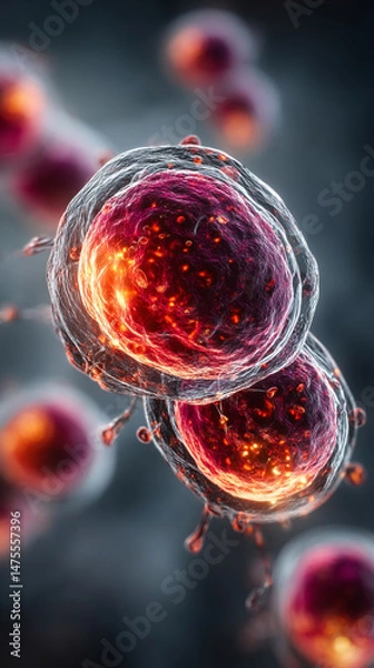Fototapeta A 3D rendering of a human or embryonic stem cell under a microscope, undergoing cell separation through mitosis and meiosis. The cell division processes are depicted against a bright white-toned backg