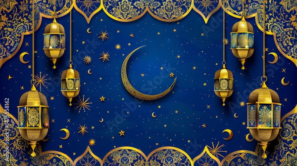 Obraz Eid Al Adha Mubarak greetings image, Crescent moon shape with lantern lamp on the blue background.