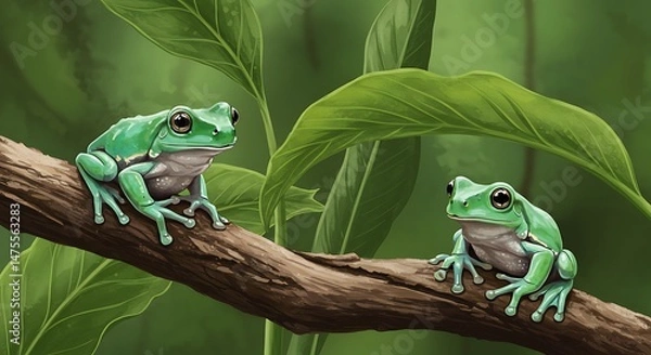 Fototapeta Two green frogs on a branch with large leaves in the background. Digital illustration of amphibian wildlife in a jungle setting. Suitable for educational material or nature-themed design projects