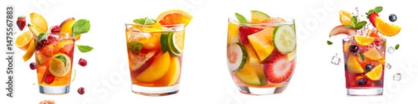 Fototapeta Fresh Fruit Cocktail Glasses Set – Colorful Citrus and Berry Drinks with Herb Garnish for Summer Menu, Party Ads, and Beverage Packaging – Isolated on transparent background