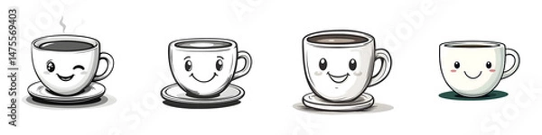 Fototapeta Cute Cartoon Coffee Cups with Smiling Faces – Adorable Hot Drink Characters for Cafe Branding, Kids Menu, and Social Media Posts – Isolated on transparent background
