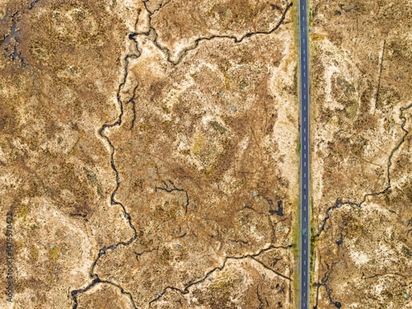 Fototapeta Top Down over Rannoch Moor from a drone, Loch Ba and Loch of the Armpit, A82 Highland Way, Argyll and Bute, West Highlands, Scotland