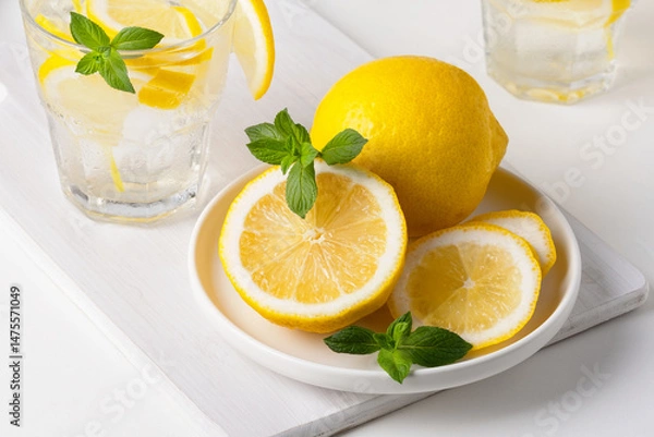 Fototapeta Refreshing lemon slices with mint and lemonade on a bright kitchen table