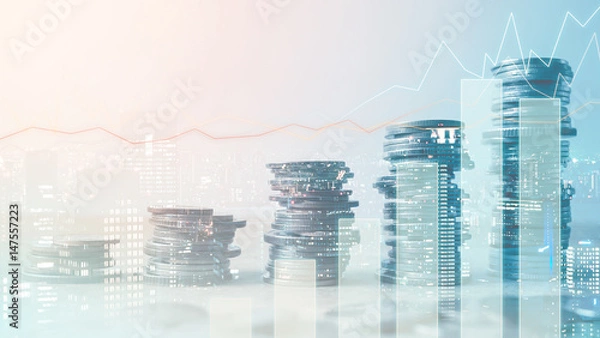 Fototapeta Double exposure of city , graph and rows of coins for finance and banking concept