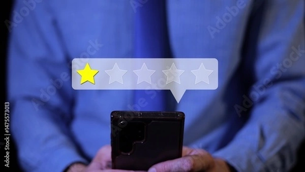 Obraz Unsatisfied customers leaving one star rating and bad review feedback with his smartphone to a service company