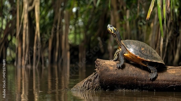 Fototapeta Freshwater Turtle Basking on Log Surrounded by Calm River Scene