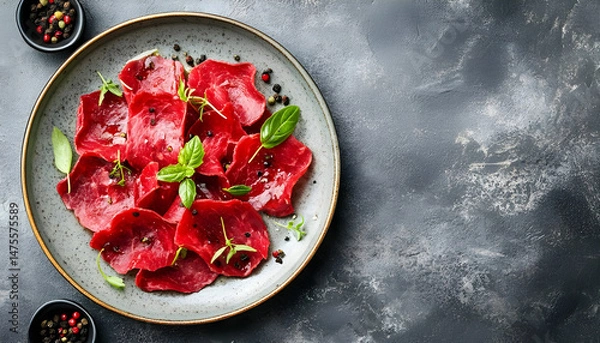 Obraz Plate with tasty bresaola on grey table. Space for text