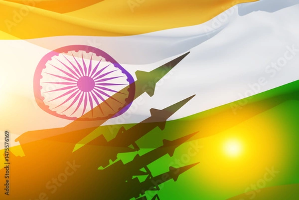 Fototapeta The missiles with Indian flag. Nuclear bomb, chemical weapons, missile defense, a system of salvo fire.