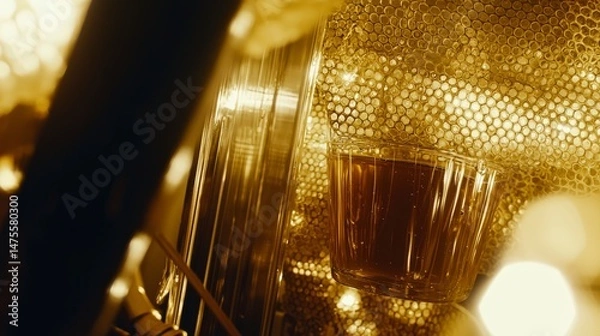 Fototapeta Warm Glass Jar of Fresh Honey Surrounded by Honeycombs and Dippers