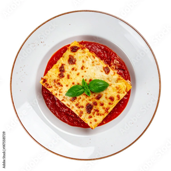 Fototapeta Delicious Plate of Lasagna with Tomato Sauce Isolated on a Transparent Background 