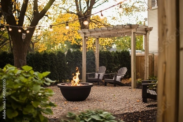Fototapeta Serene Suburban Backyard Oasis with Fire Pit and Comfortable Seating