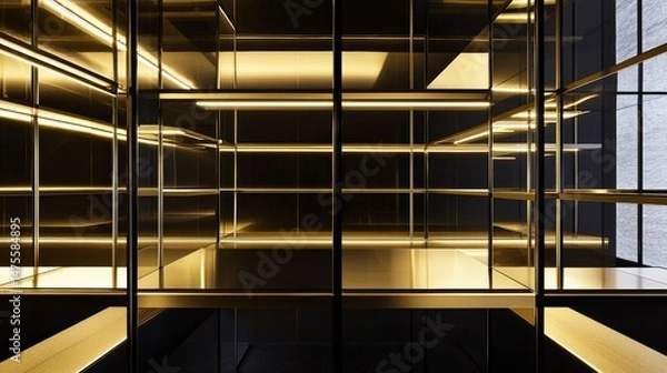 Fototapeta Sleek Modern Walk-in Closet with Elegant Lighting and Shelving Design