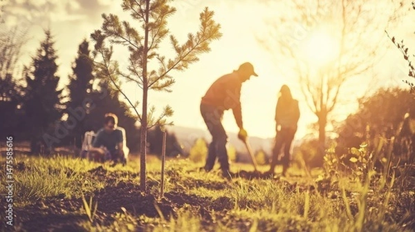 Fototapeta Group Planting Trees in Wildlife Sanctuary with Water Source Creation