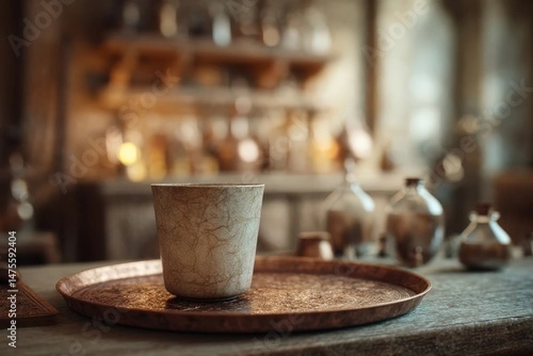 Fototapeta A muted, artistic view of a ceramic mug on a tray.