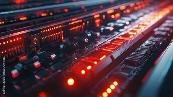 Fototapeta Close-up view of server rack components illuminated by glowing red lights.