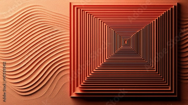 Fototapeta Abstract orange square tunnel receding into wavy background; design, texture, and background concept