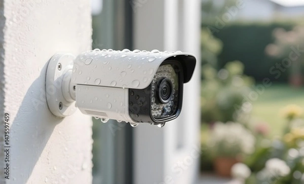 Obraz Weatherproof Outdoor Security Camera with Water Droplets on White Housing Mounted Against Blurred Green Garden Background