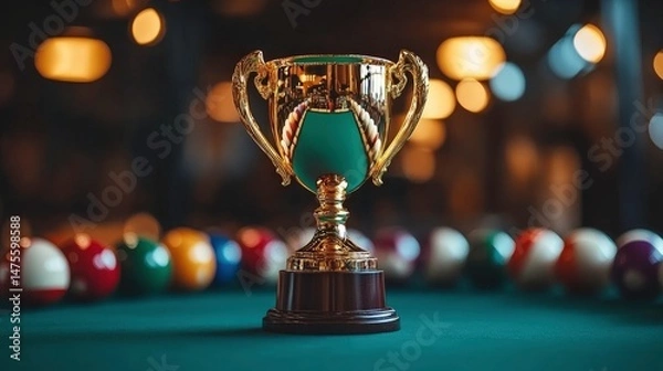 Fototapeta Elegant golden trophy on a green billiard table with colorful pool balls in the background, symbolizing achievement and success in sports and competitions
