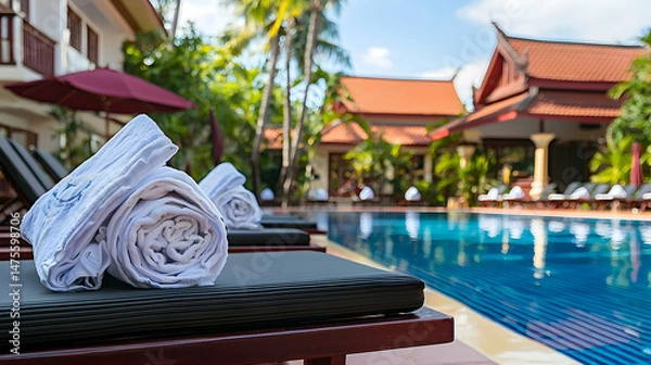 Fototapeta Rolled towels on lounge chairs by resort pool, tropical foliage background; travel brochure