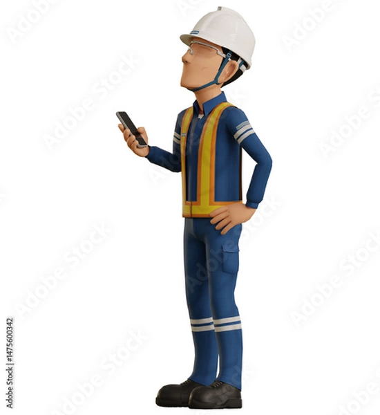 Fototapeta Isolate industrial worker is using the mobile phone on transparent background