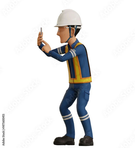 Fototapeta Isolate industrial worker is using the mobile phone  to taking a photo on transparent back ground