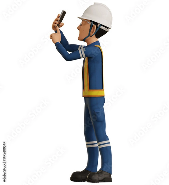 Fototapeta Isolate industrial worker is using the mobile phone  to taking a photo on transparent back ground