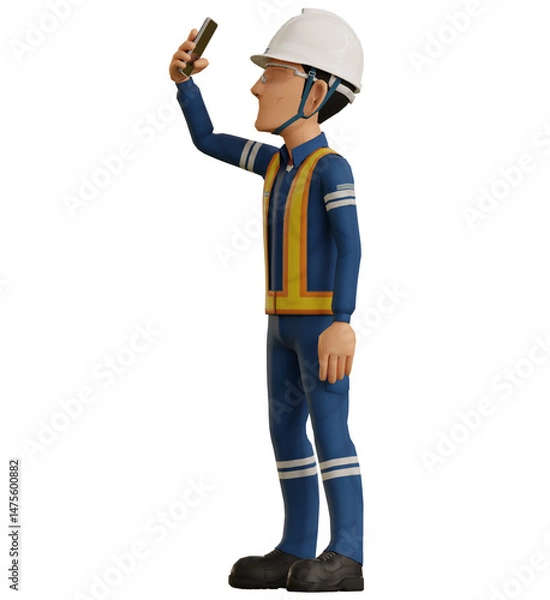 Fototapeta Isolate industrial worker is using the mobile phone  to taking a photo on transparent back ground