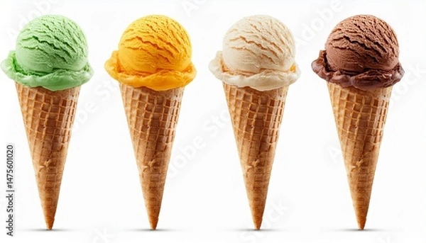 Fototapeta a scoop of ice cream on cones with different flavors isolated on white background