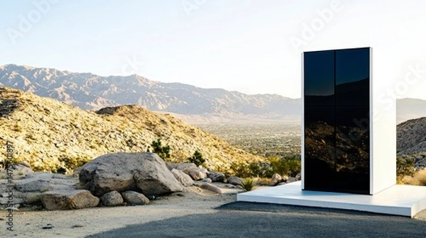 Fototapeta Geometric White Cube Home in Desert Landscape with Black Windows