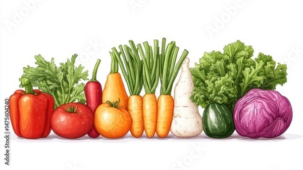 Fototapeta Vibrant array of fresh produce peppers, tomatoes, carrots, cabbage, greens, and various vegetables